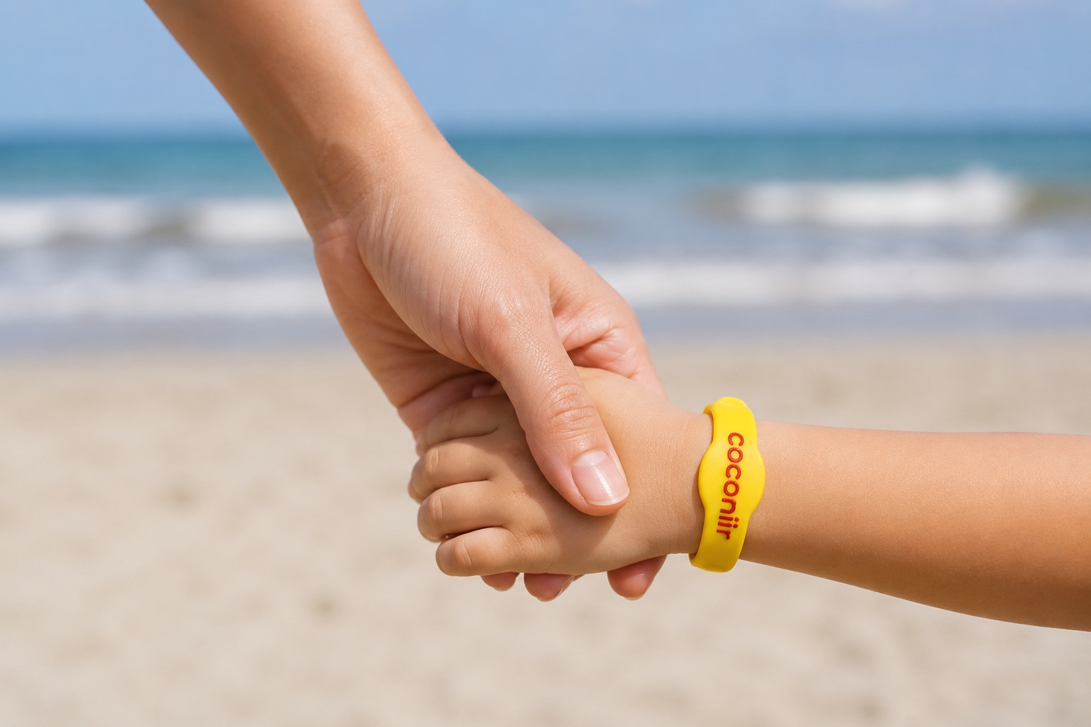 親子が手をつなぎ、子どもの手首に黄色いcoconiirリストバンドを着けている様子